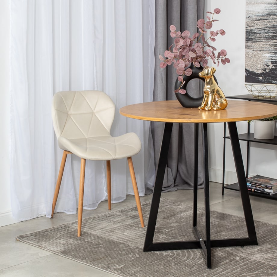 Krzesło tapicerowane welurowe beżowe jasne nogi do salonu