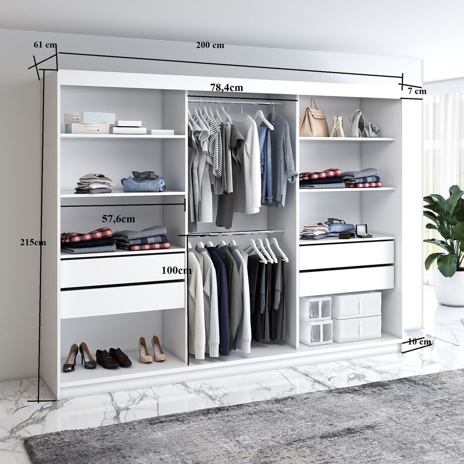 Szafa przesuwna V200 z lustrem i szufladami- czarna+ryfle catania