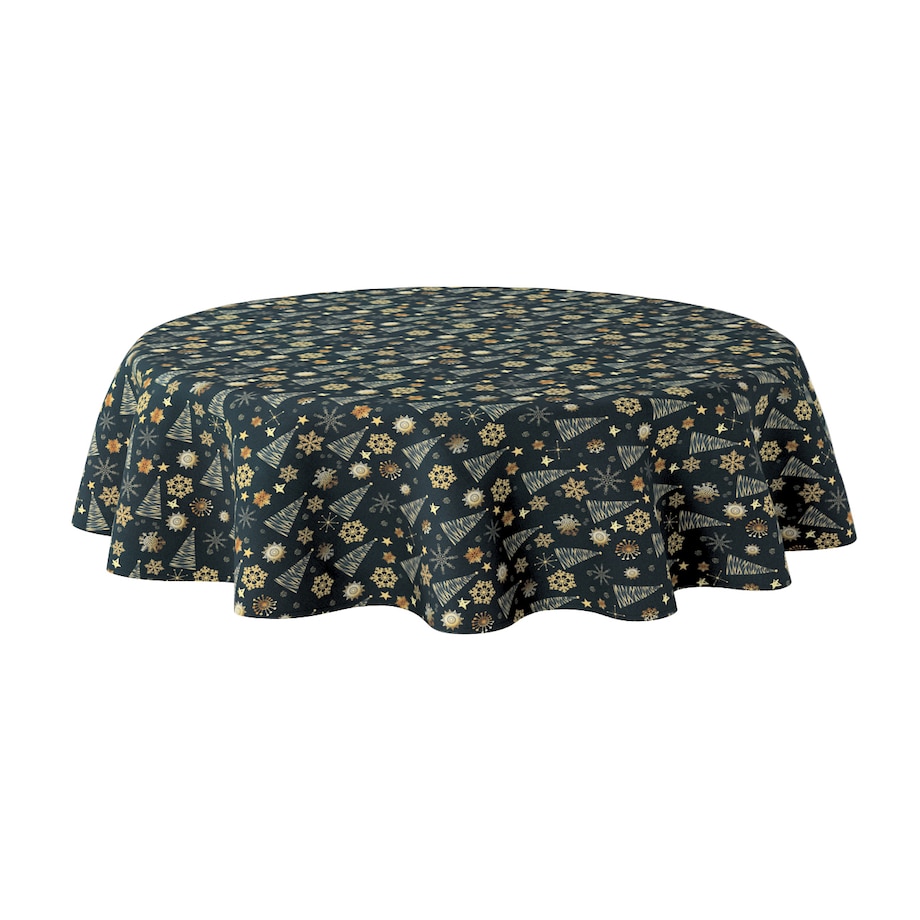 Obrus okrągły 160 x 160 cm złoty wzór na czarnym tle