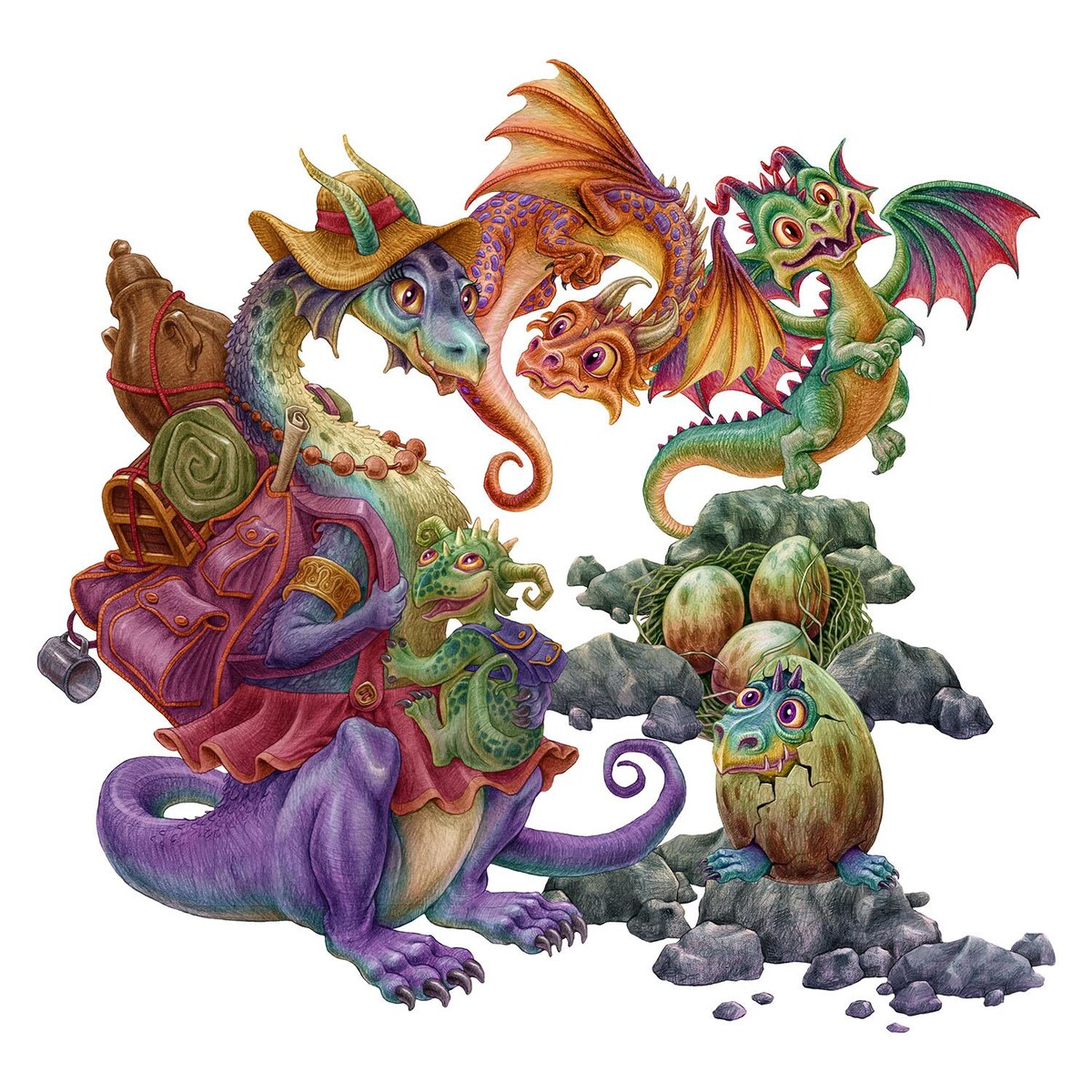 Zestaw naklejek na ścianę, Rodzina smoków, 80cm