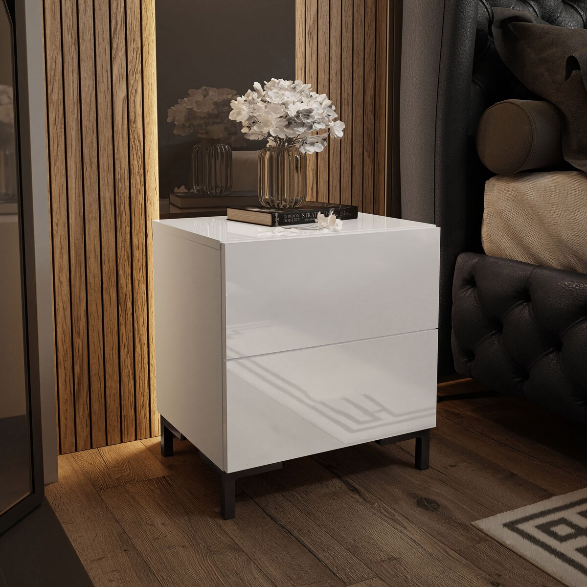 Lukmebel Stolik nocny LINA LUX 45x50x38,5 cm biały połysk z LED