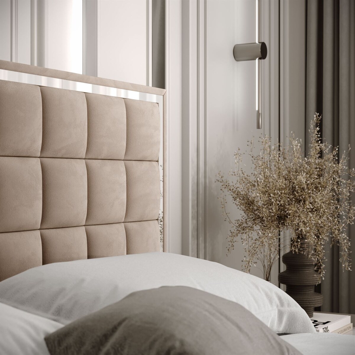 Łóżko tapicerowane ISADORA SILVER, pojemnik na pościel, stelaż 34, 180x200, RV 170