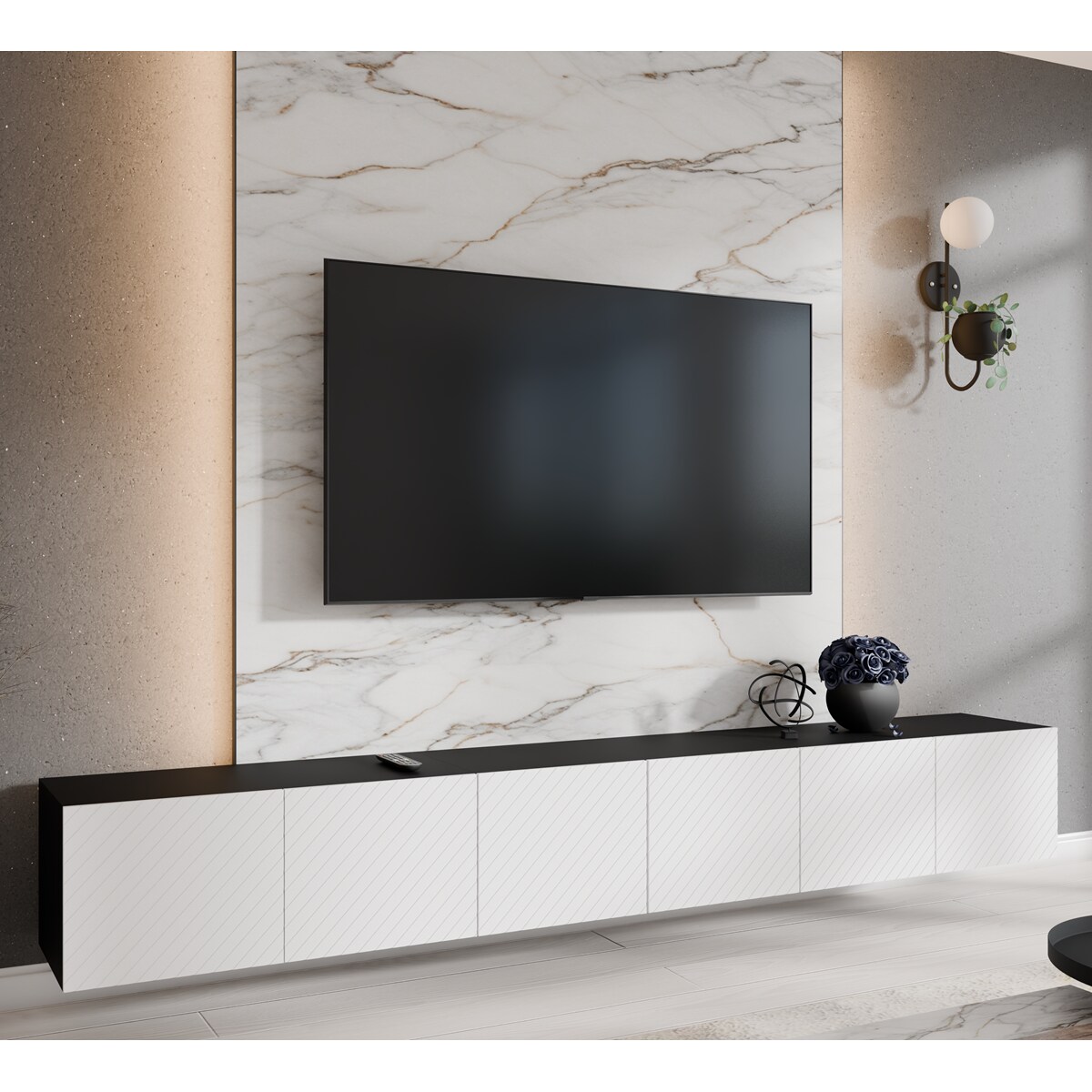 Szafka RTV NIKOL 300 pod telewizor,frezowane fronty,zamknięta-biała+czarny