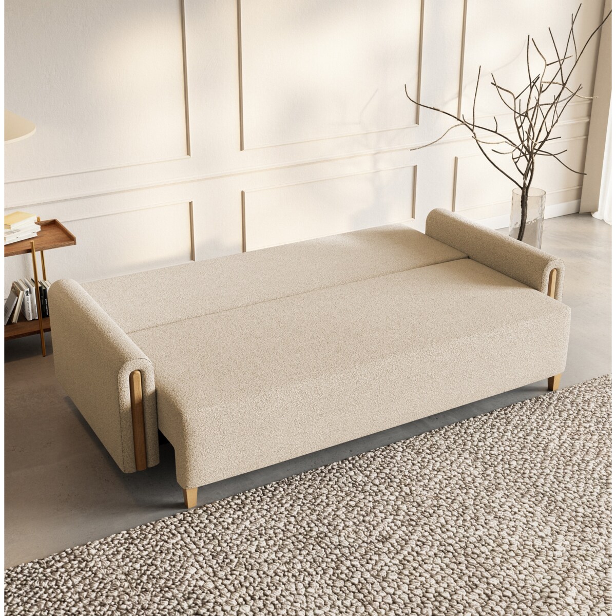 Sofa MODERN z funkcją spania - jasny beż+ drewno buk