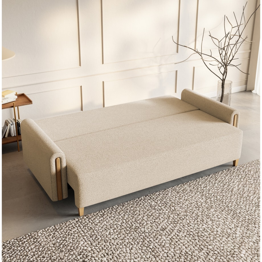 Sofa MODERN z funkcją spania - jasny beż+ drewno buk