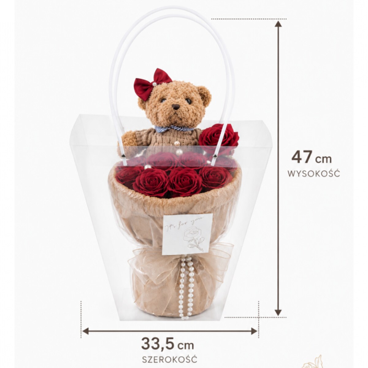 Flower box, bukiet zapachowych kwiatów mydlanych z MISIEM, LED 8szt. BUK31CZE