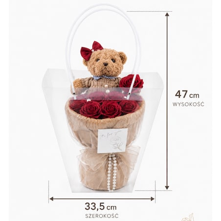 Flower box, bukiet zapachowych kwiatów mydlanych z MISIEM, LED 8szt. BUK31CZE
