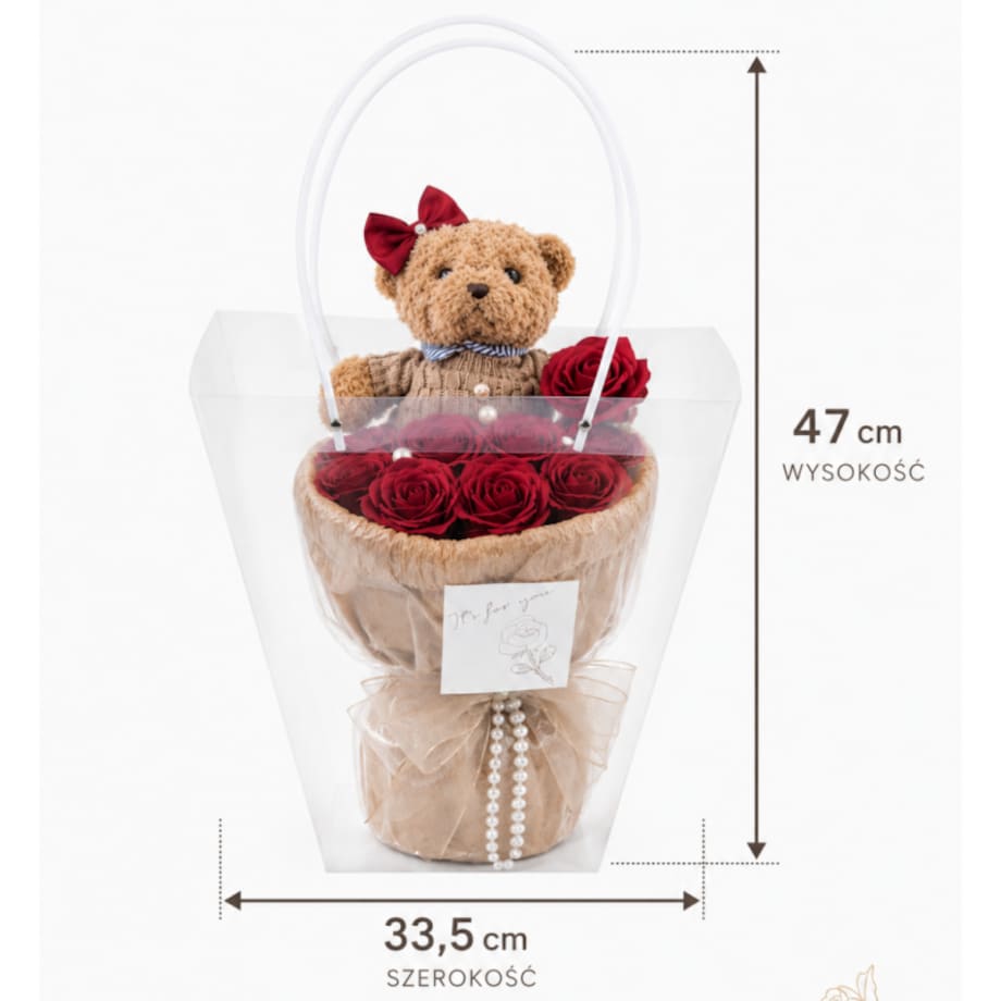 Flower box, bukiet zapachowych kwiatów mydlanych z MISIEM, LED 8szt. BUK31CZE