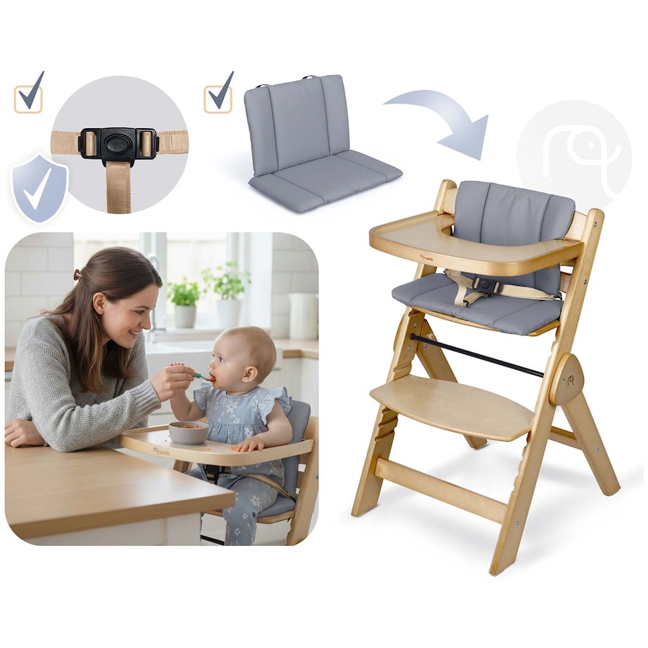 Drewniane krzesełko do karmienia Nukido składane regulowane pasy 702000