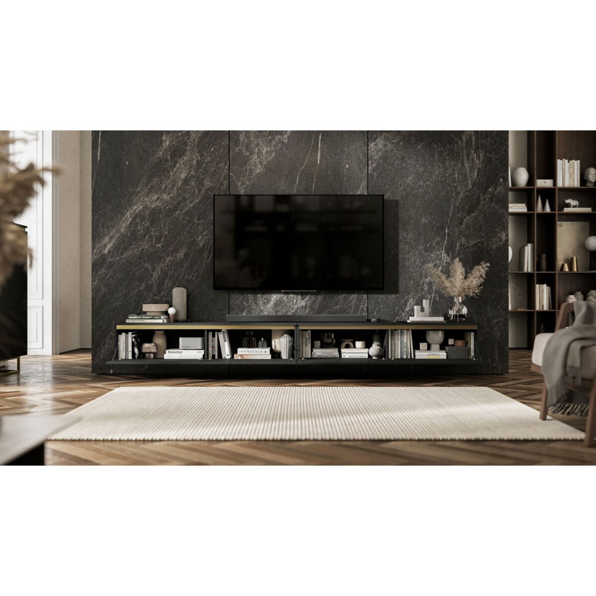 Wisząca Szafka RTV Glamour Komoda RTV Czarny Mat 280 cm ryflowane fronty