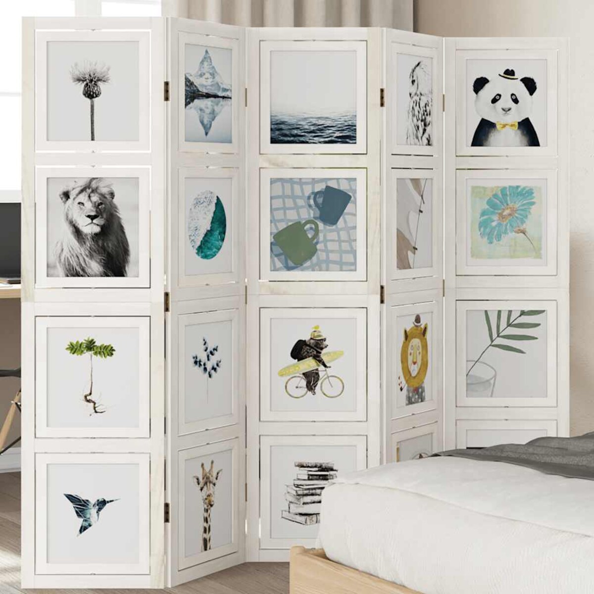 vidaXL Parawan pokojowy, 5-panelowy, biały, lite drewno paulowni