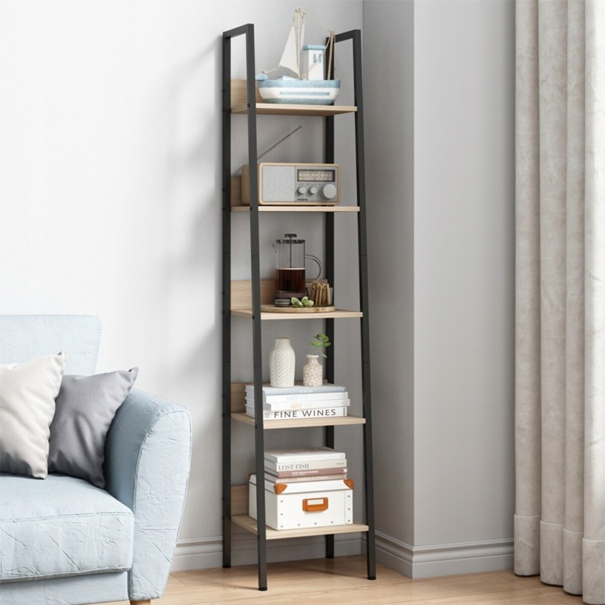 Industrialny wysoki regał stojący jasny brąz 5 półek drabinka loft 170 cm