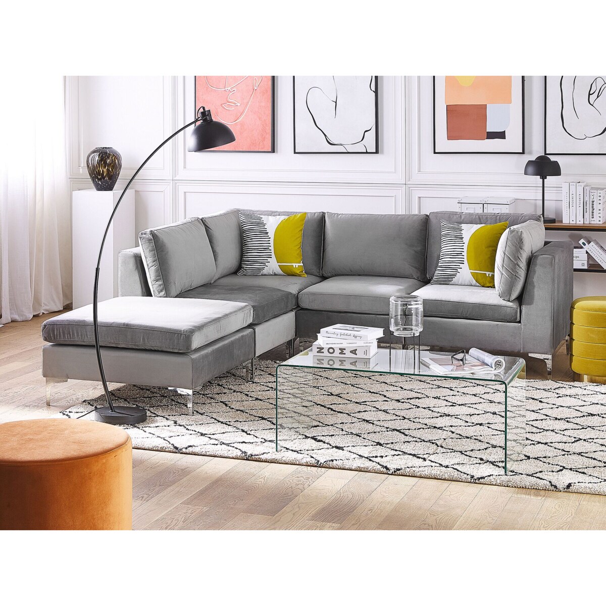 Narożnik modułowy 4-osobowy z otomaną welurowy prawostronny szary EVJA