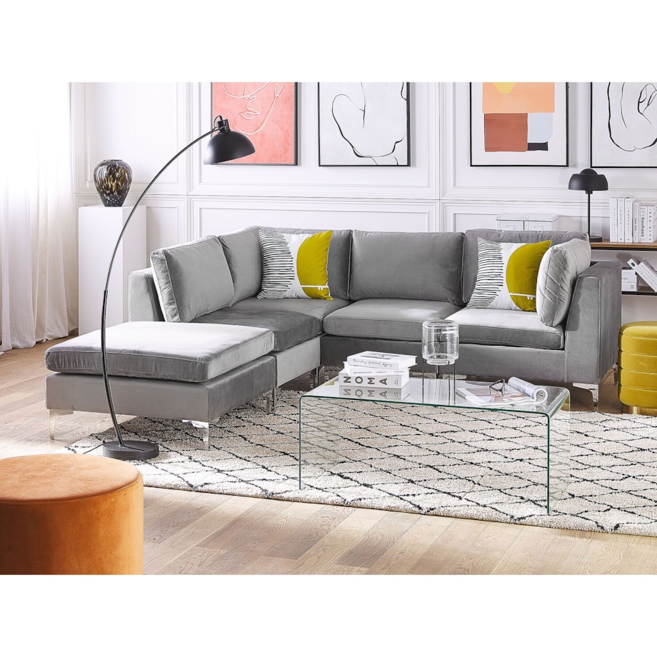 Narożnik modułowy 4-osobowy z otomaną welurowy prawostronny szary EVJA