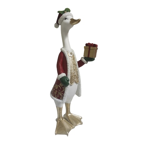 Dekoracja - figurka gęsi z prezentem 39x14x15 cm w czerwonym płaszczu
