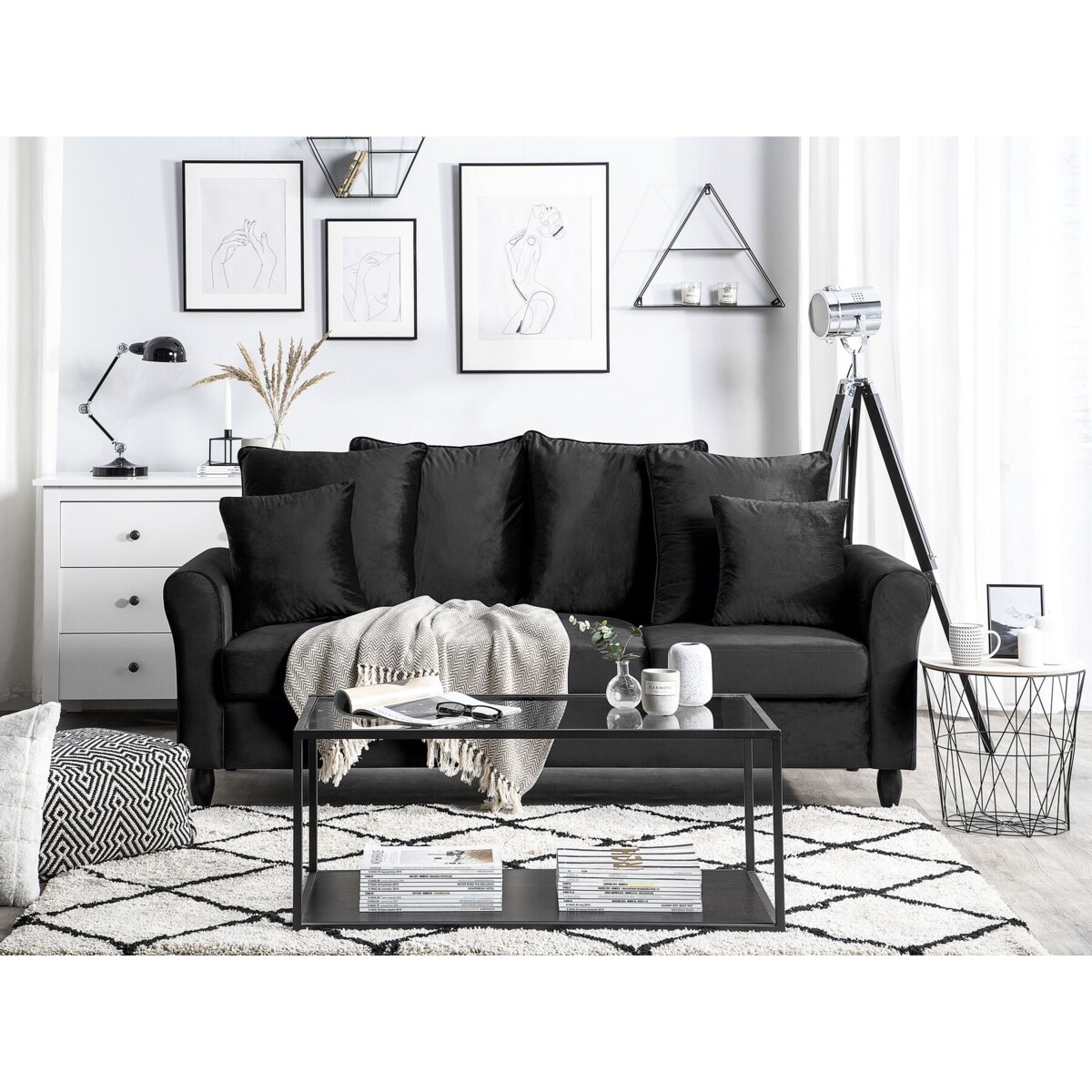 Sofa 3-osobowa welurowa czarna BORNHOLM