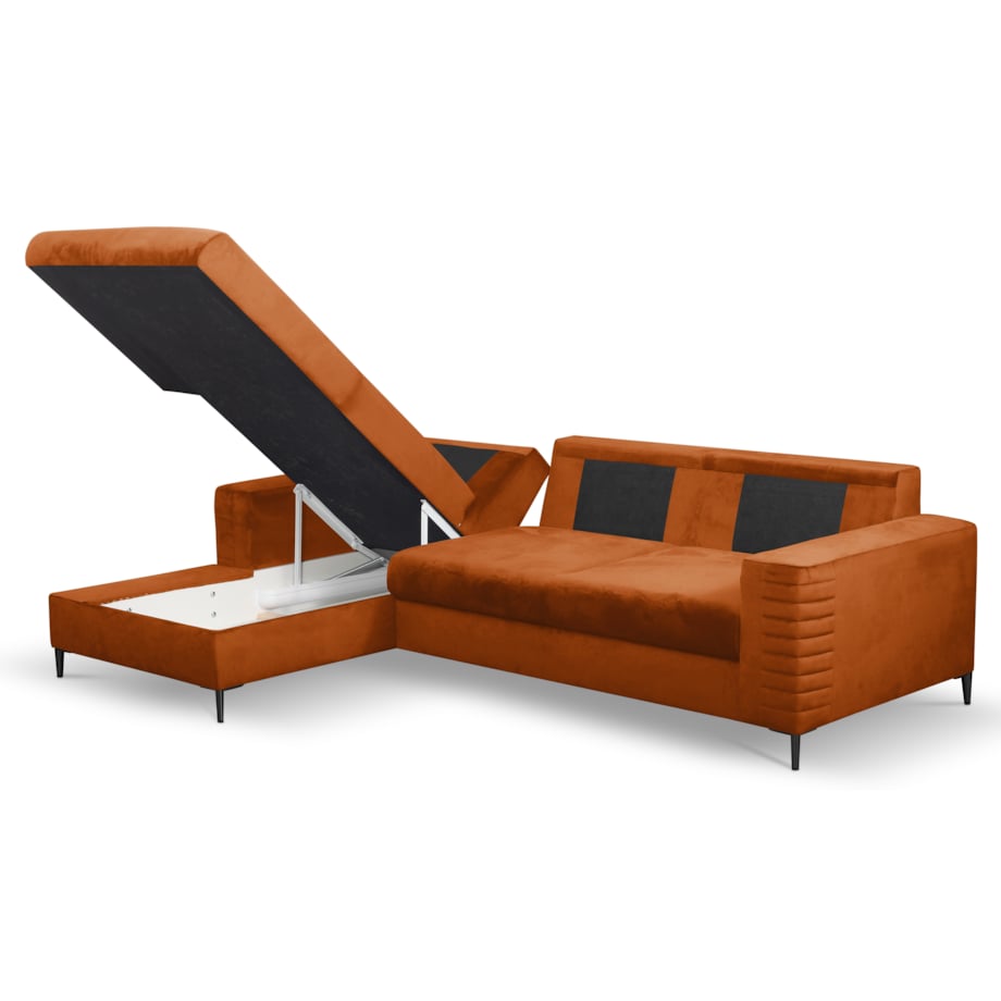 Narożnik rozkładany z zagłówkiem i pojemnikiem OLI, lewostronny, rdzawy