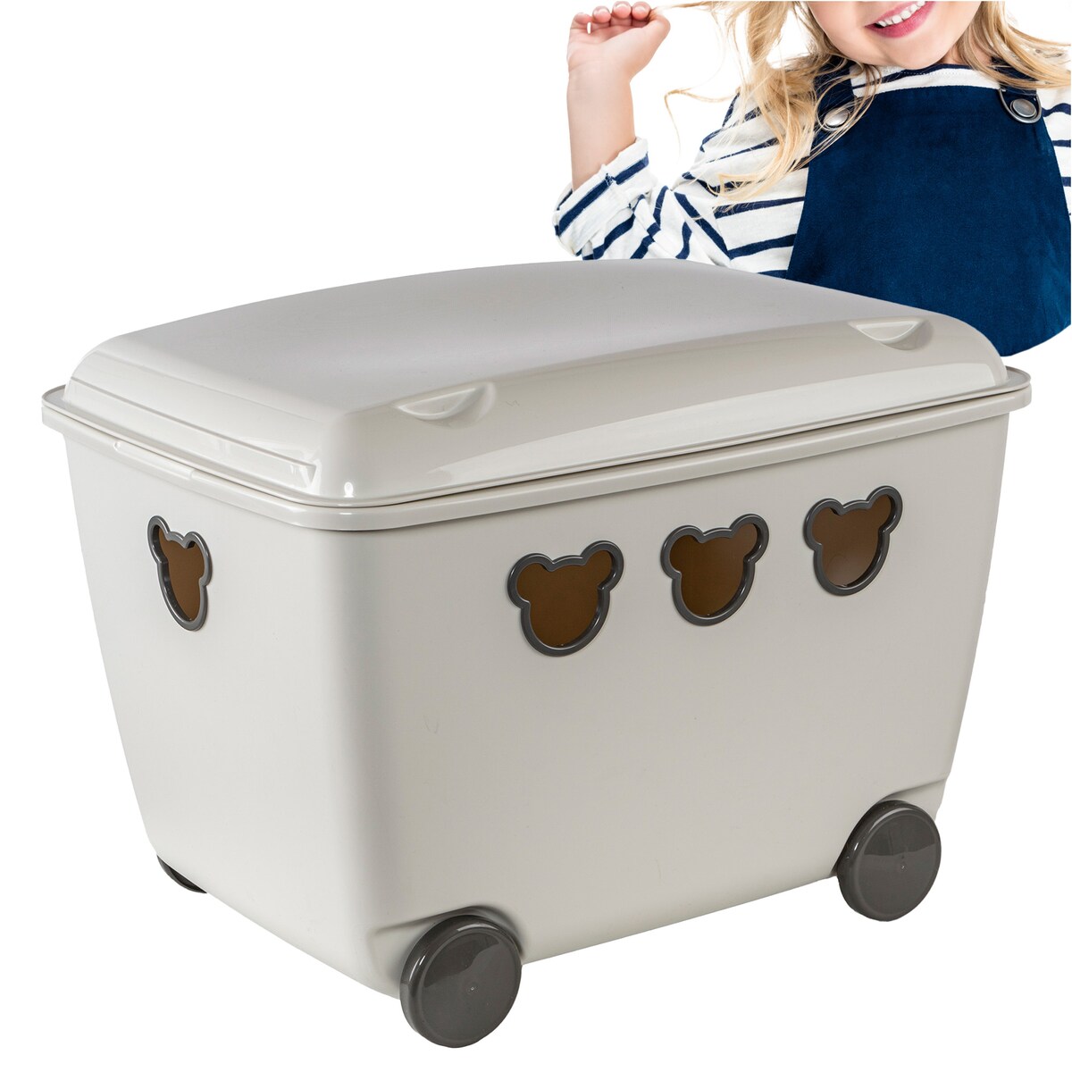 Pojemnik Plastikowy Na Zabawki Na Kółkach Kosz Skrzynia 55 L Misie Biały