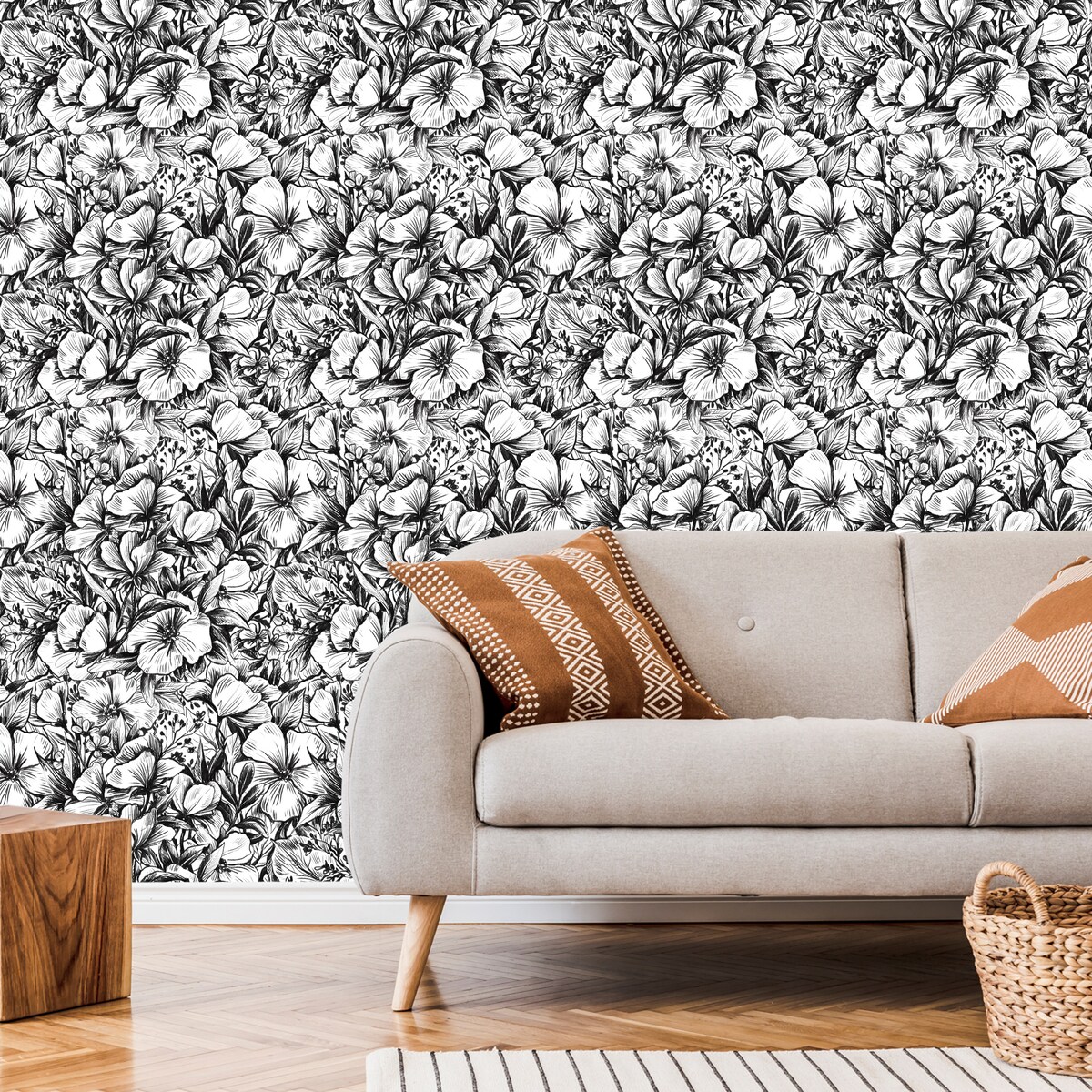 Tapeta Czarno-Białe Kwiaty i Liście