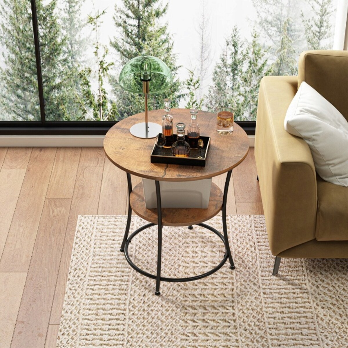 Stolik kawowy ława industrialny okrągły do salonu z półką brąz loft 55 cm