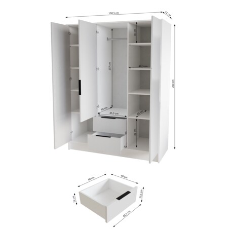 Szafa NIKOLA 150 z lustrem i regulowanymi półkami -czarna+biały front