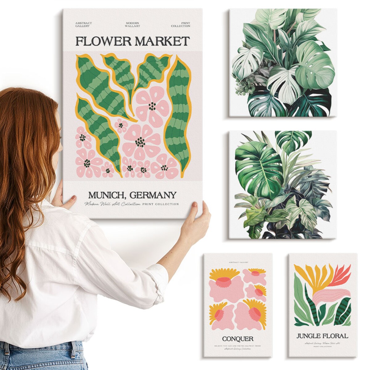 Zestaw 5 obrazów na płótnie - Roślinne motywy boho kwiaty - zielony