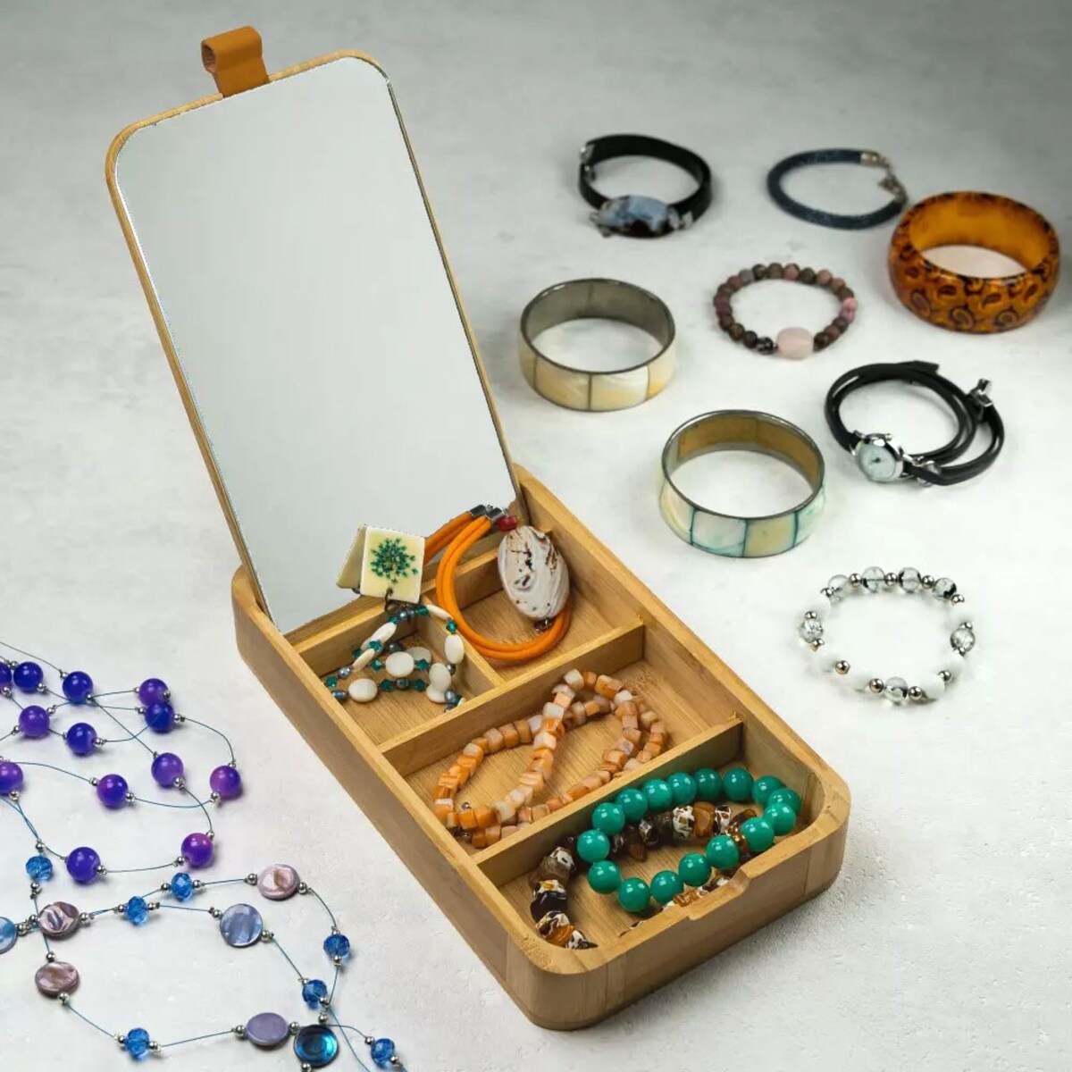 Kinghoff bambusowy organizer na drobiazgi z lusterkiem KH1695