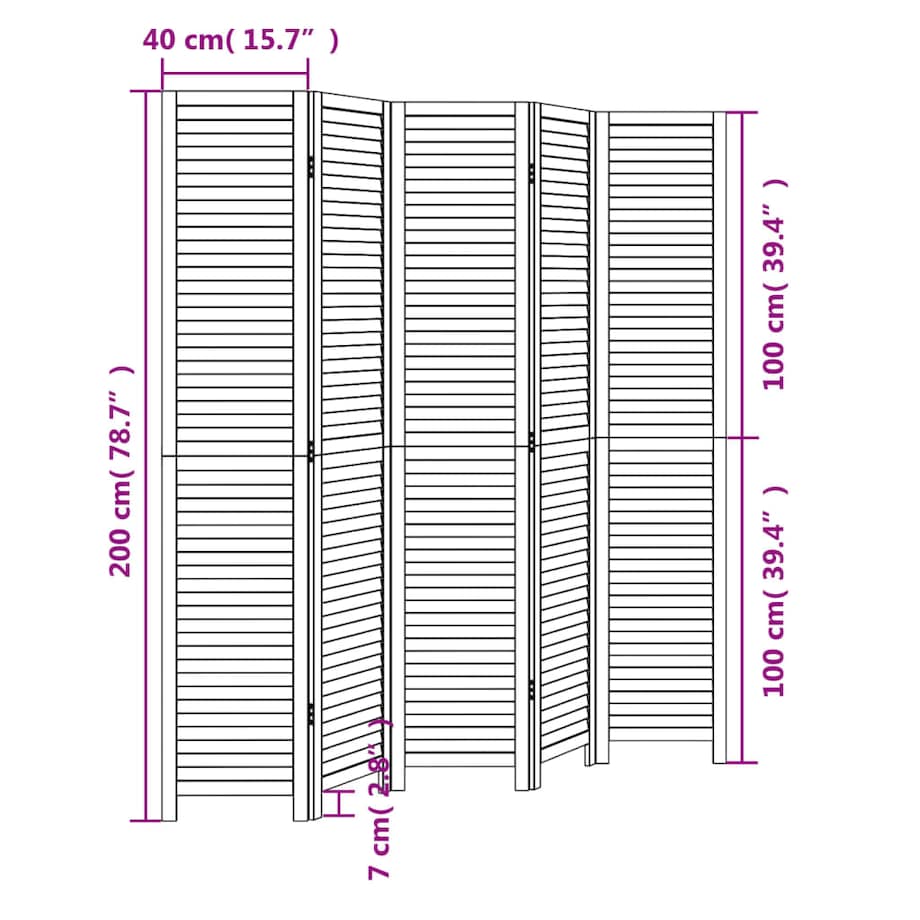 vidaXL Parawan pokojowy, 5-panelowy, czarny, lite drewno paulowni