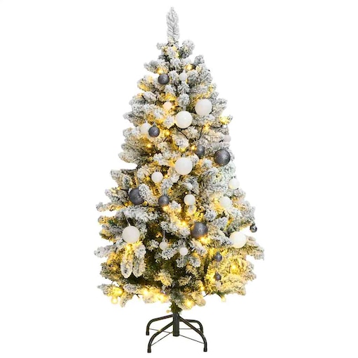 vidaXL Sztuczna choinka na zawiasach, 150 lampek LED i bombki, 120 cm