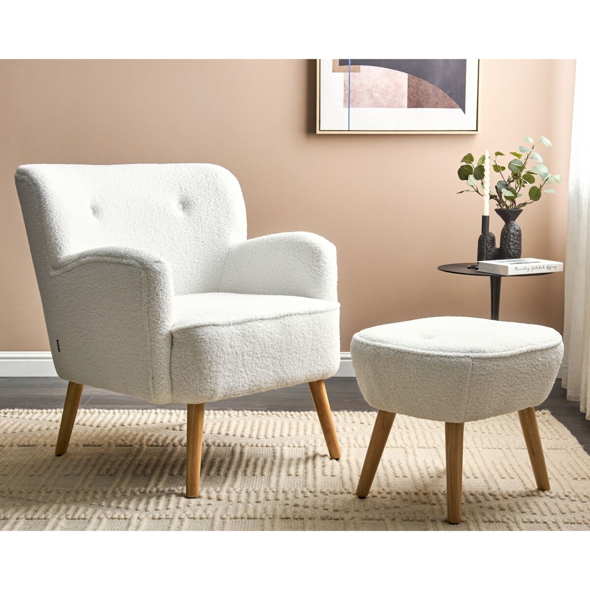 Fotel z podnóżkiem boucle biały TUMBA