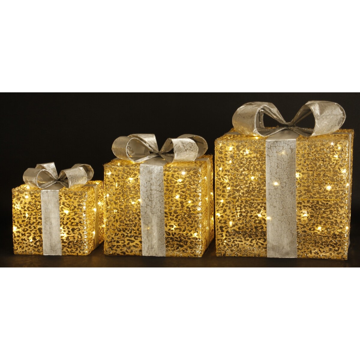Dekoracja pudełka 3 szt. świecące LED 30x25,5x25,5 i 24x20,5x20,5 i 18x15,5x15,5 cm GABISO-2 srebrny i złoty