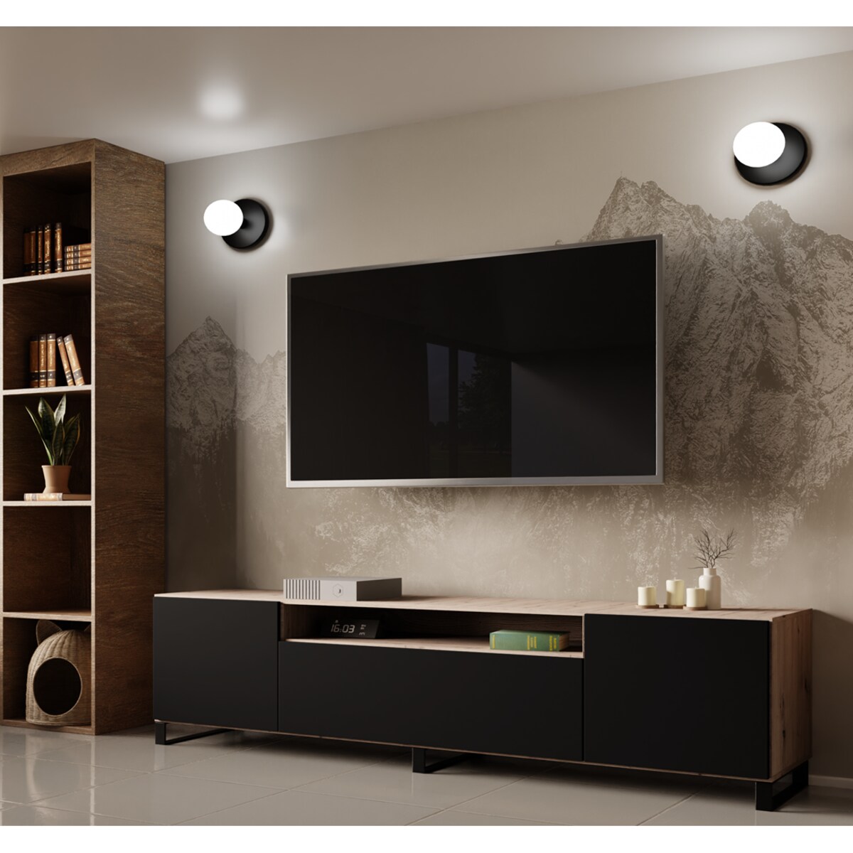 Szafka RTV LION 200 cm na metalowych nogach, do salonu -czarna+artisan