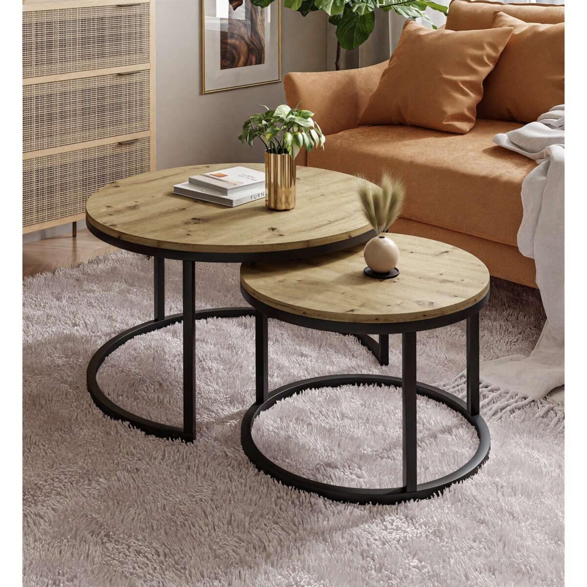 Okrągły stolik kawowy CIRI 2w1 czarny dąb artisan