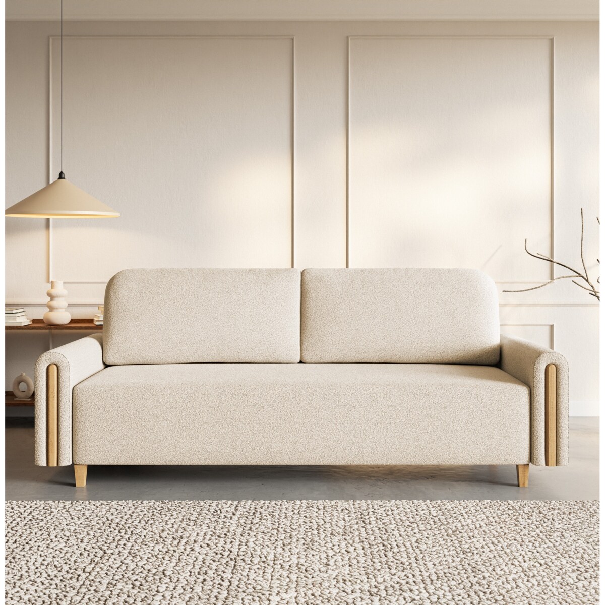 Sofa MODERN z funkcją spania - jasny beż+ drewno buk