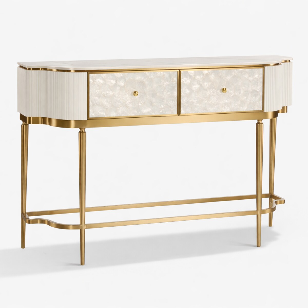 Kremowa konsola glamour z naturalną muszlami i marmurem Champion 140x35x86