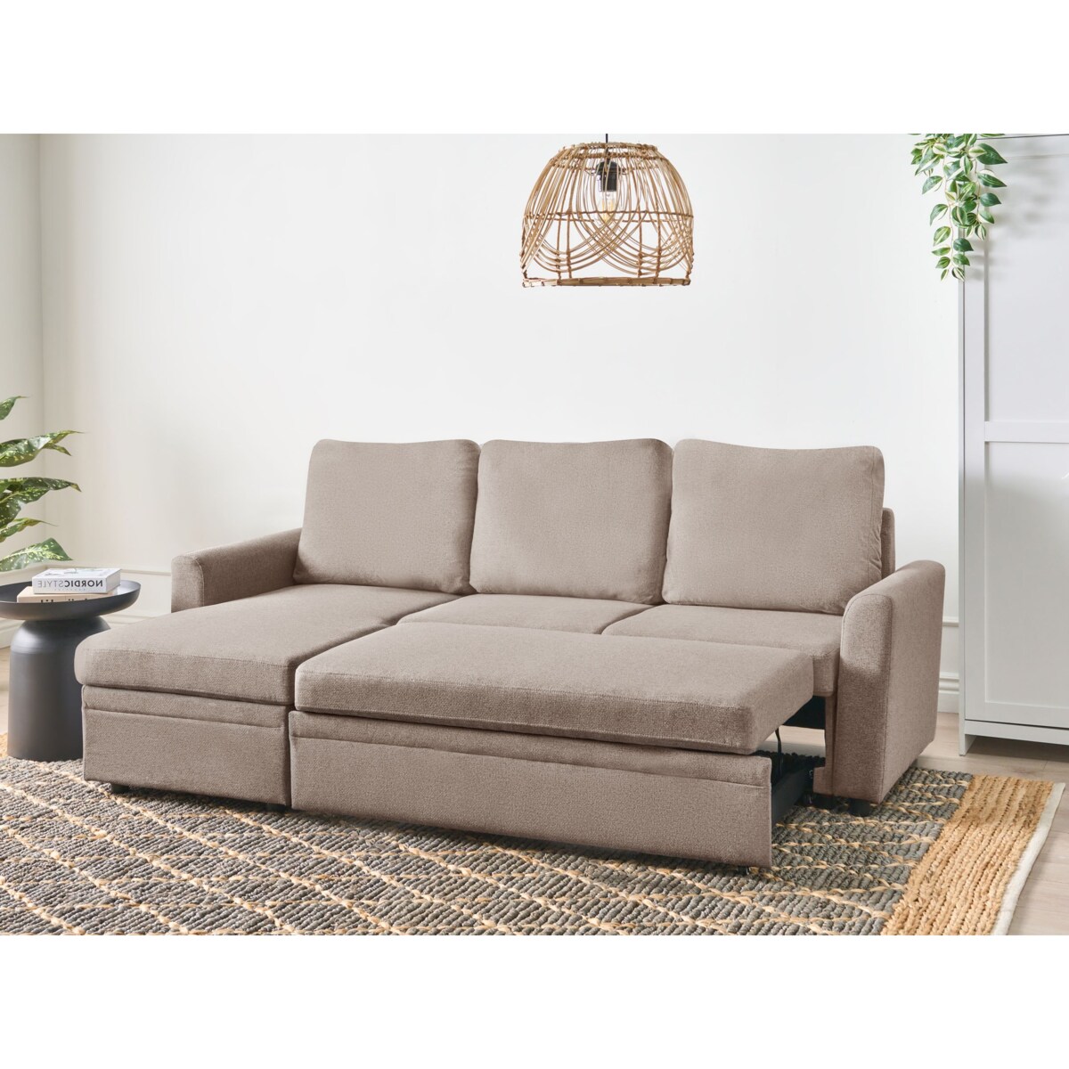 Narożnik rozkładany NASSJO Len syntetyczny Jasnobrązowy dla 3 osób Prawostronny