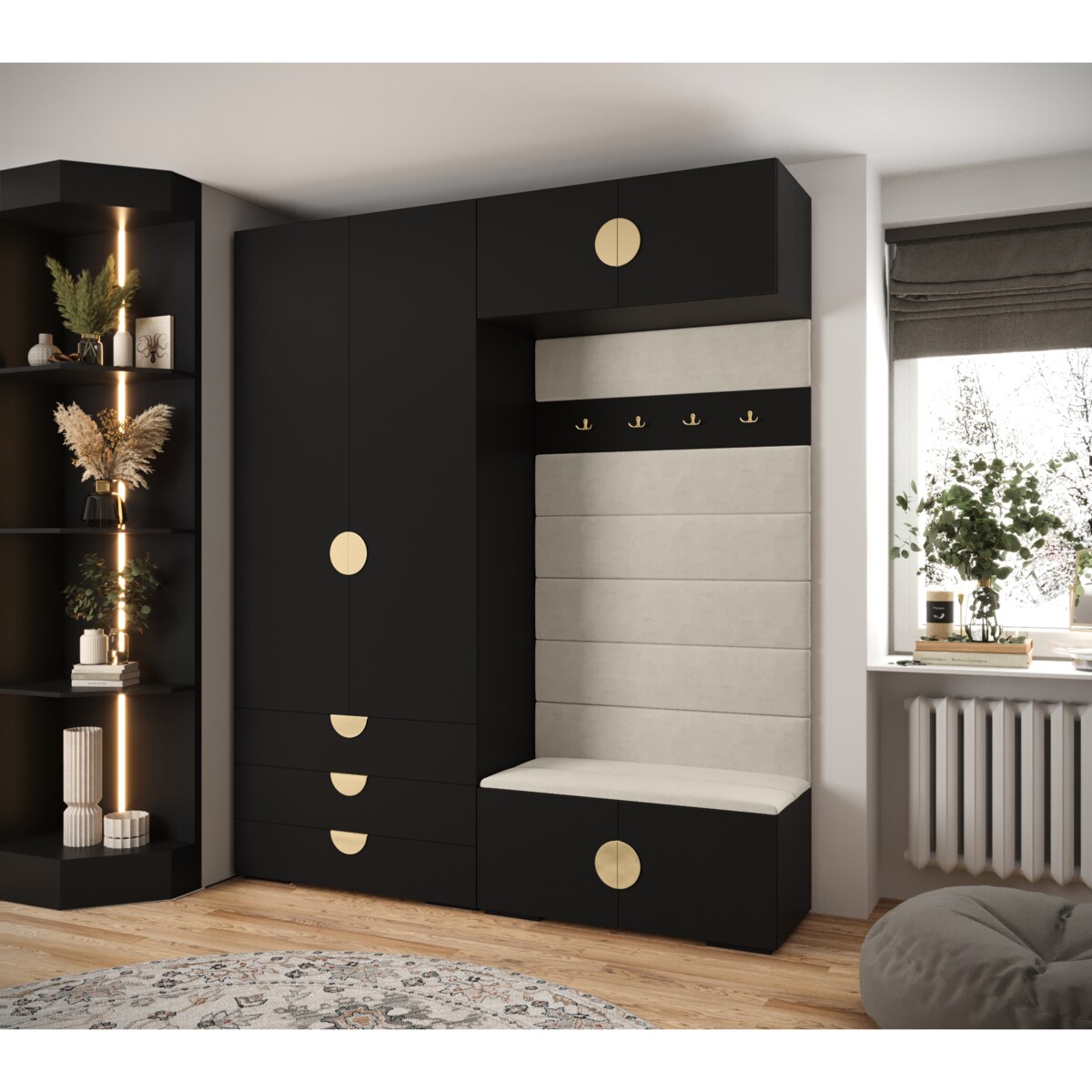 Garderoba do przedpokoju INOVA 4 Z12 czarny+złoty+manila02