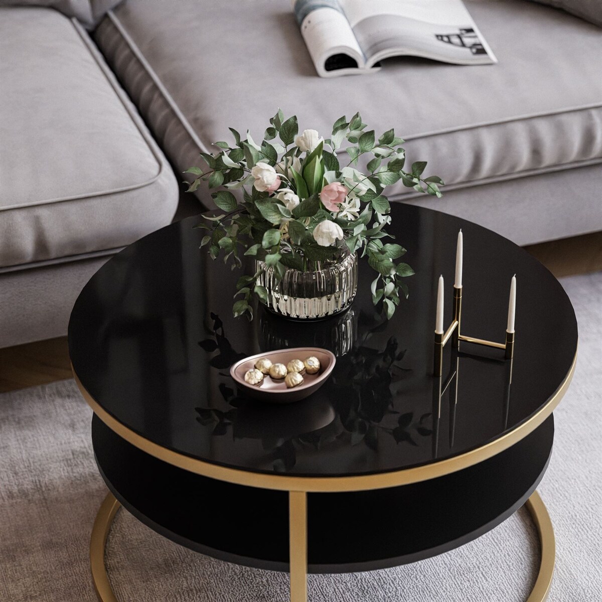 Stolik kawowy CIRI SLIM z półką złoty czarne szkło