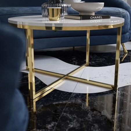 Okrągły stolik kawowy CIRI-X złoty chrom białe szkło