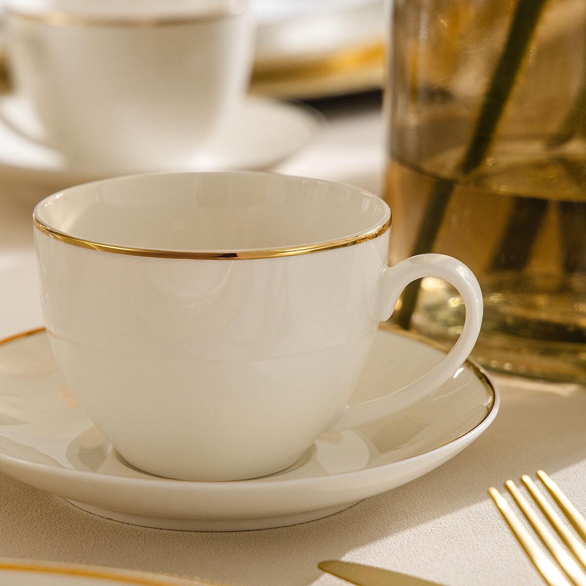KONSIMO AD BELLA, Filiżanka do kawy ze spodkiem 6 szt., kolor ecru/złoty
