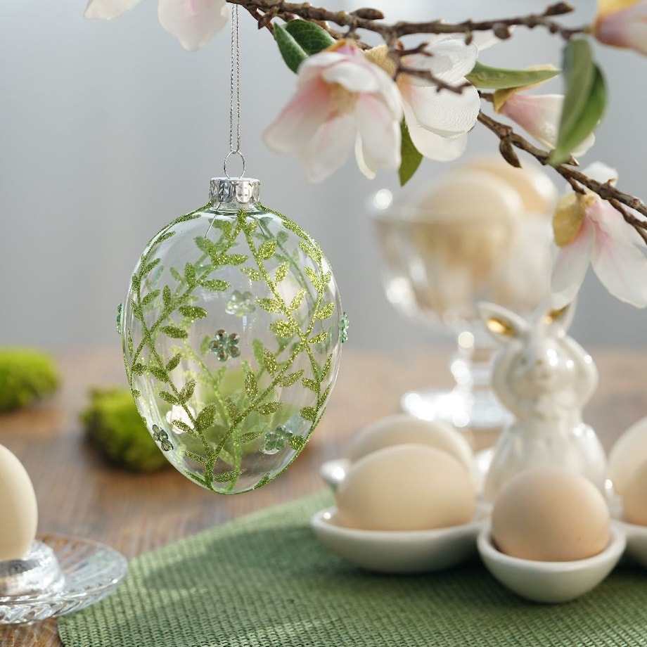 VILLA ITALIA Bombka szklana jajko zielone listki 11,5 cm