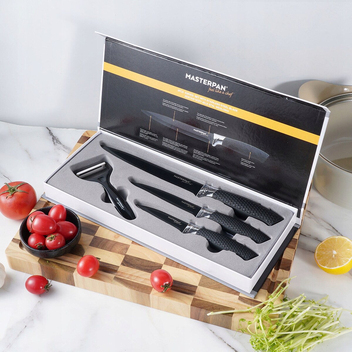 Zestaw Komplet Noży Kuchennych Czarne W Pudełku 4 El. Obieraczka Ostre