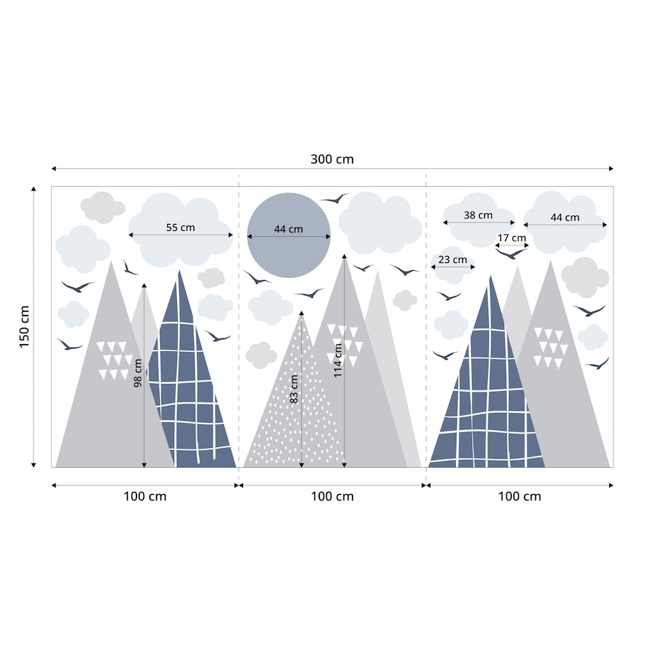 NAKLEJKI ŚCIENNE DLA DZIECI SZARE GÓRY CHMURY STYL SKANDYNAWSKI ZESTAW