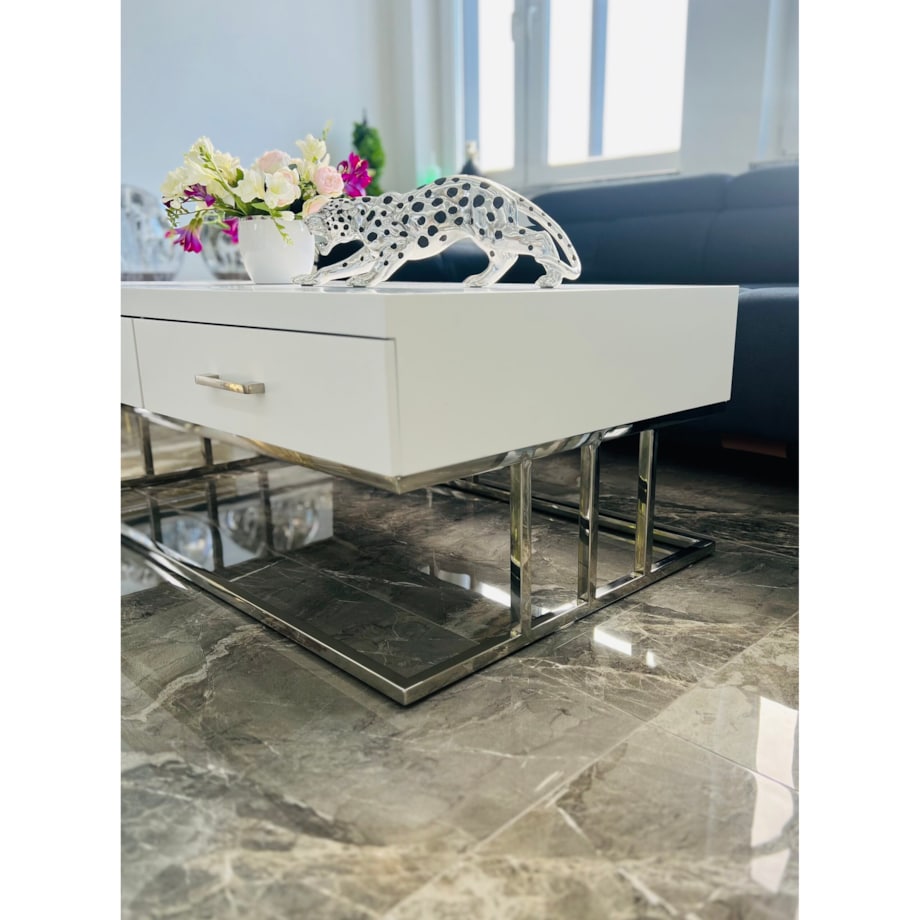 Biały srebrny stolik kawowy/ ława Biała Milano 120x70x45 / 2 pojemne szuflady