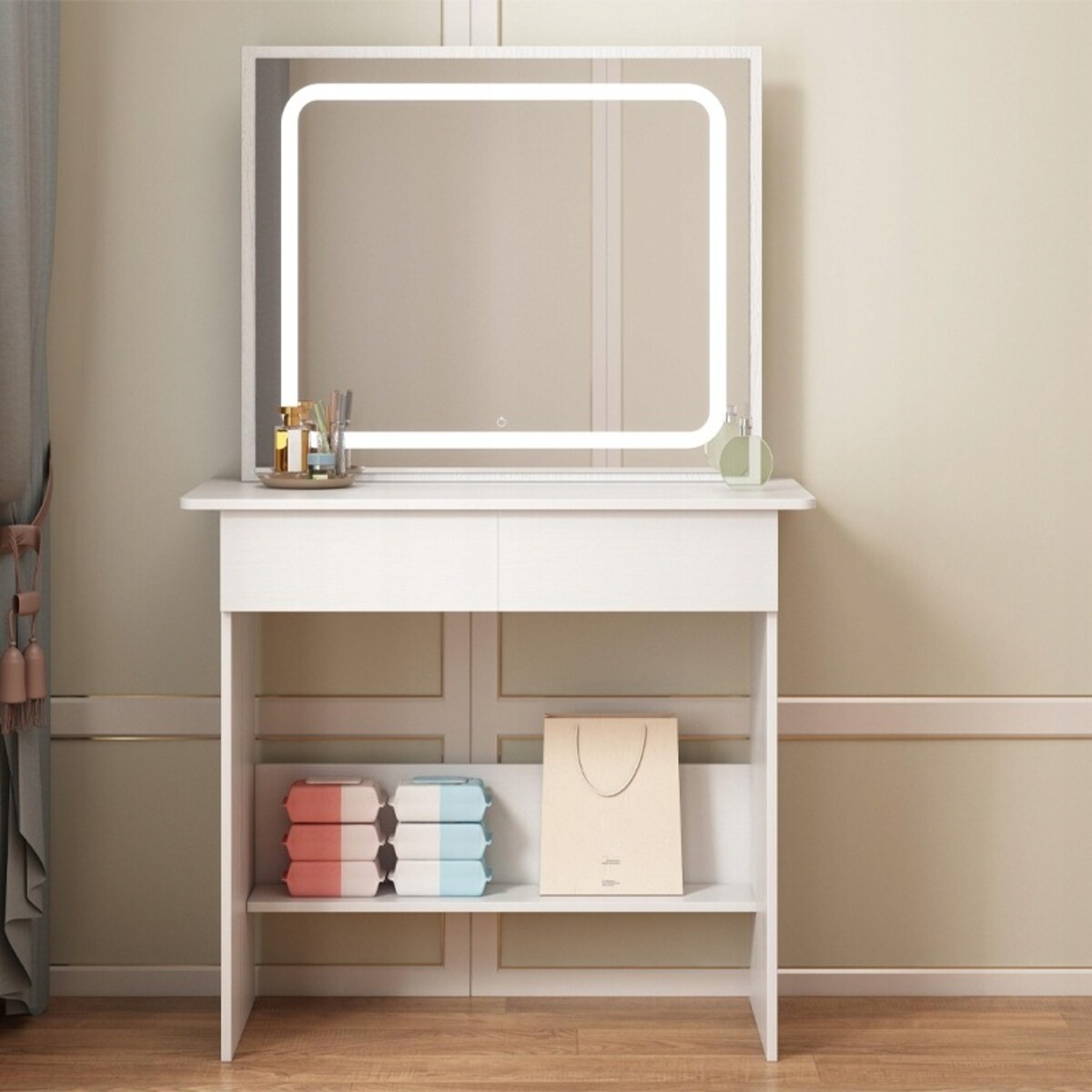 Toaletka kosmetyczna do makijażu z lustrem led nowoczesna 90 cm