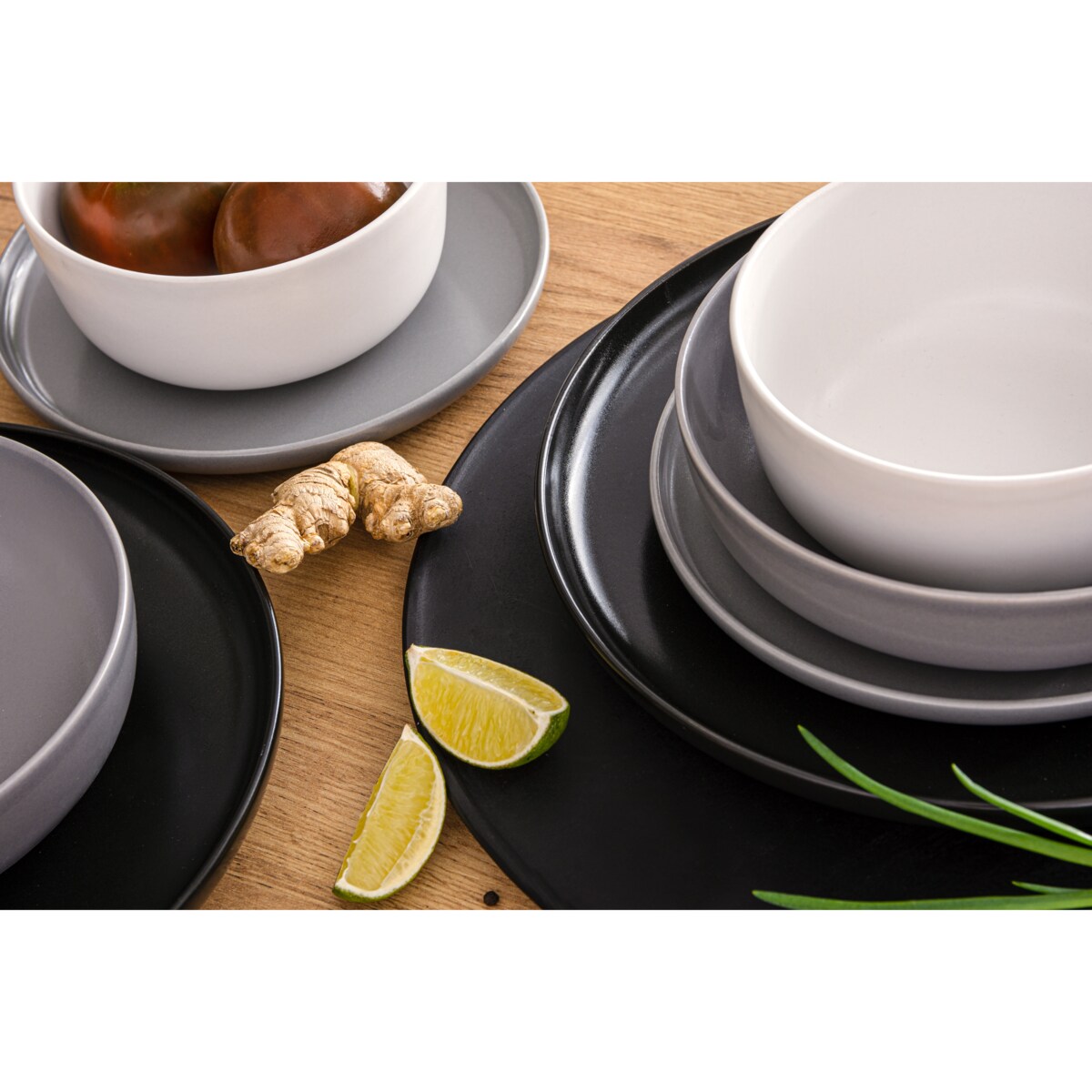KONSIMO VICTO Zestaw obiadowy 6-osobowy czarny/szary/biały/jasnoszary (24 elementy)