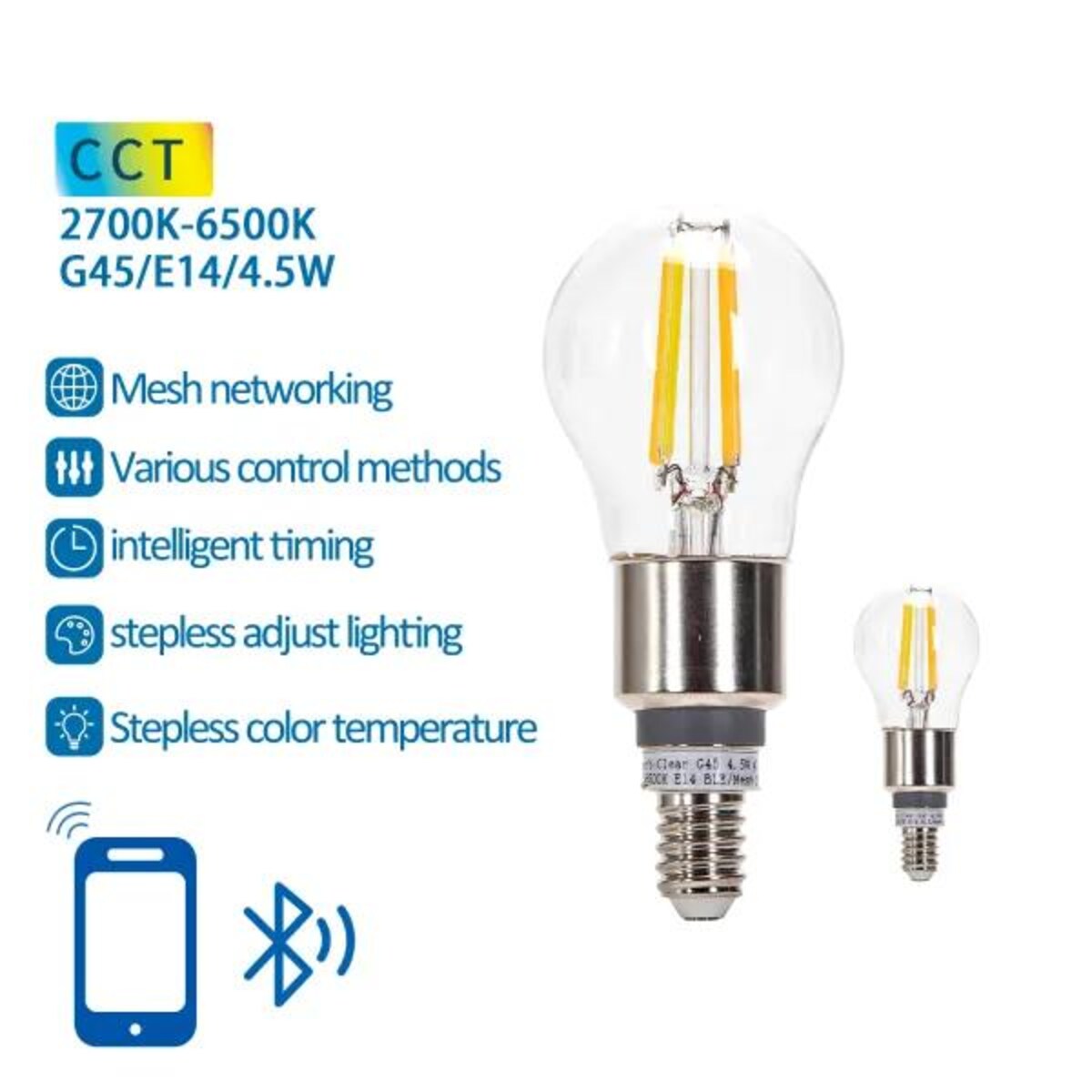 inteligentna żarówka bluetooth mesh g45 4.5w cct 2 szt. ,z pilotem
