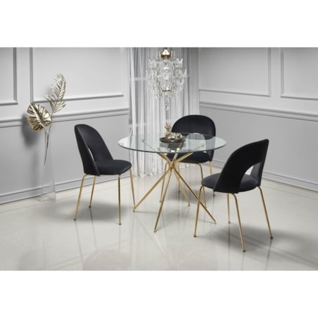 STÓŁ OKRĄGŁY Dore TRANSPARENTNY szklany blat ZŁOTE NOGI