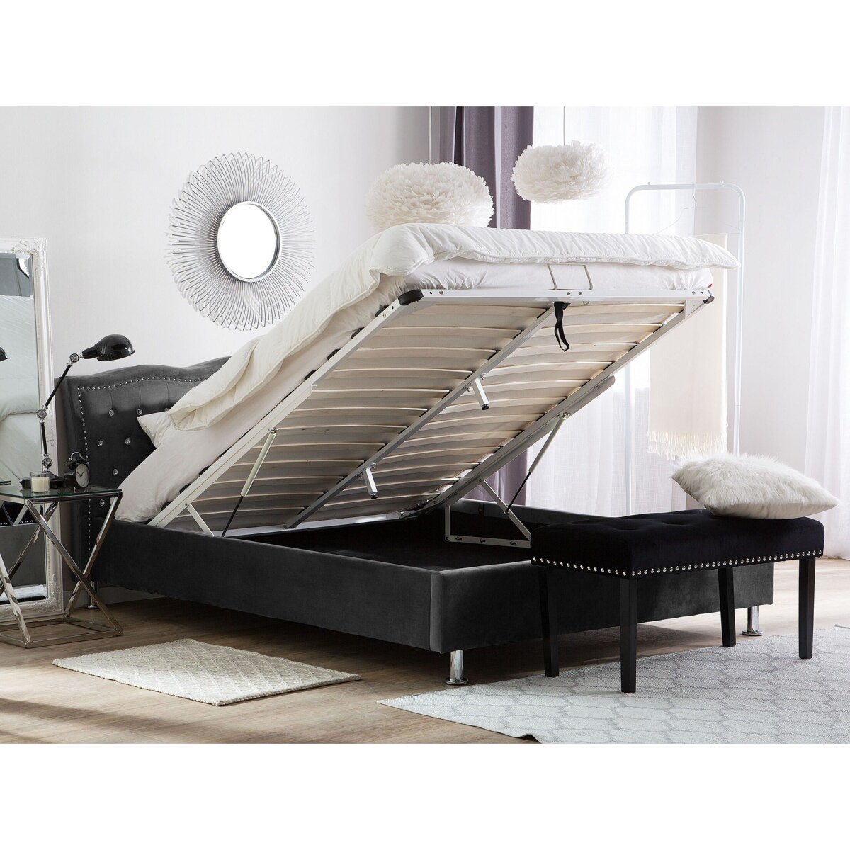 Łóżko z pojemnikiem welurowe 140 x 200 cm ciemnoszare METZ