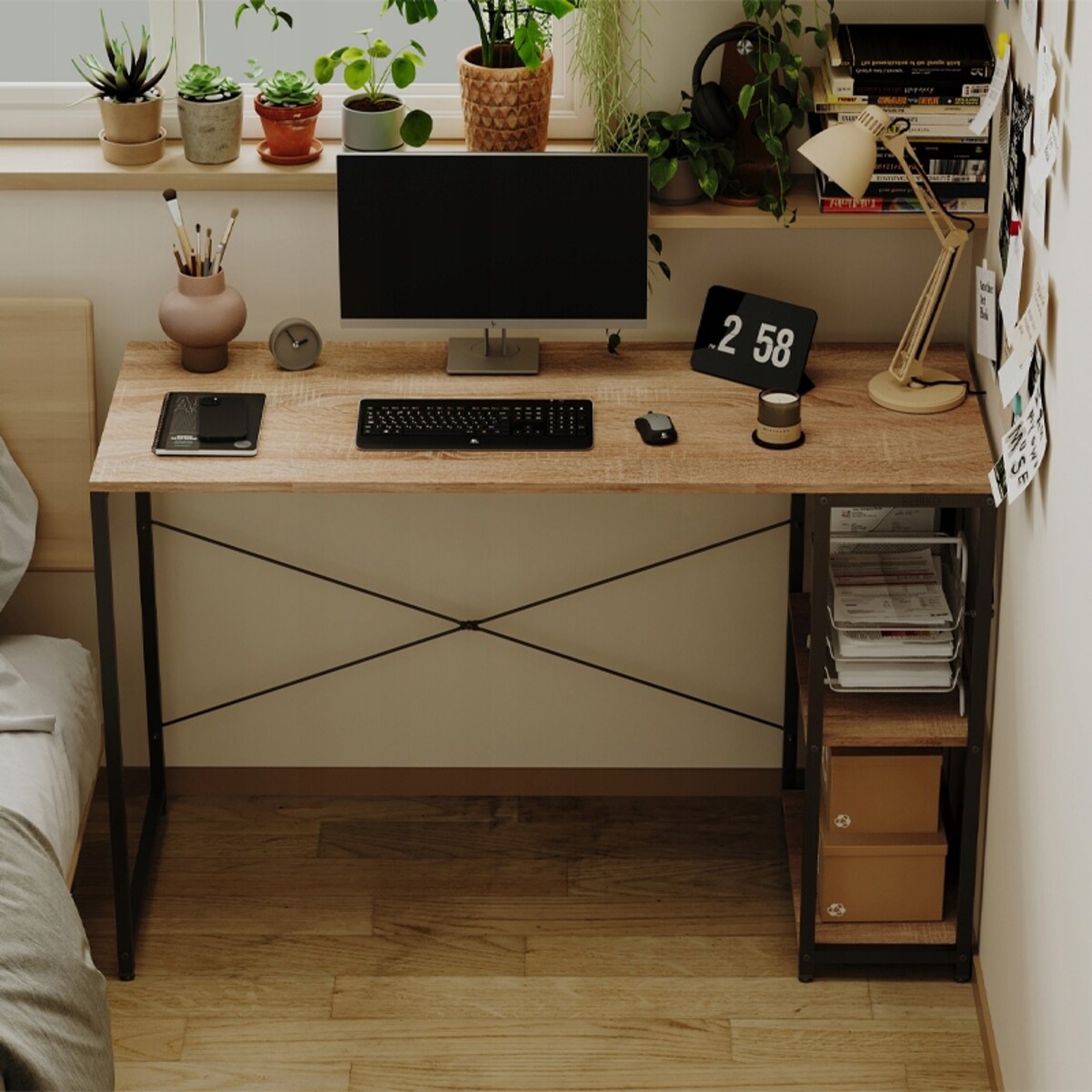 Biurko komputerowe stolik loft jasny brąz nowoczesne z półkami industrialne